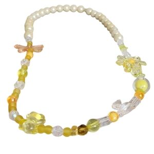 Faux Pearl Coquette Yellow Orange Bear Frosted Glass Clear Barrel Beads Necklace